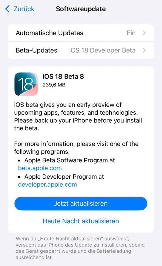 玉屏苹果手机维修分享苹果 iOS / iPadOS 18 开发者预览版 Beta 8 发布 